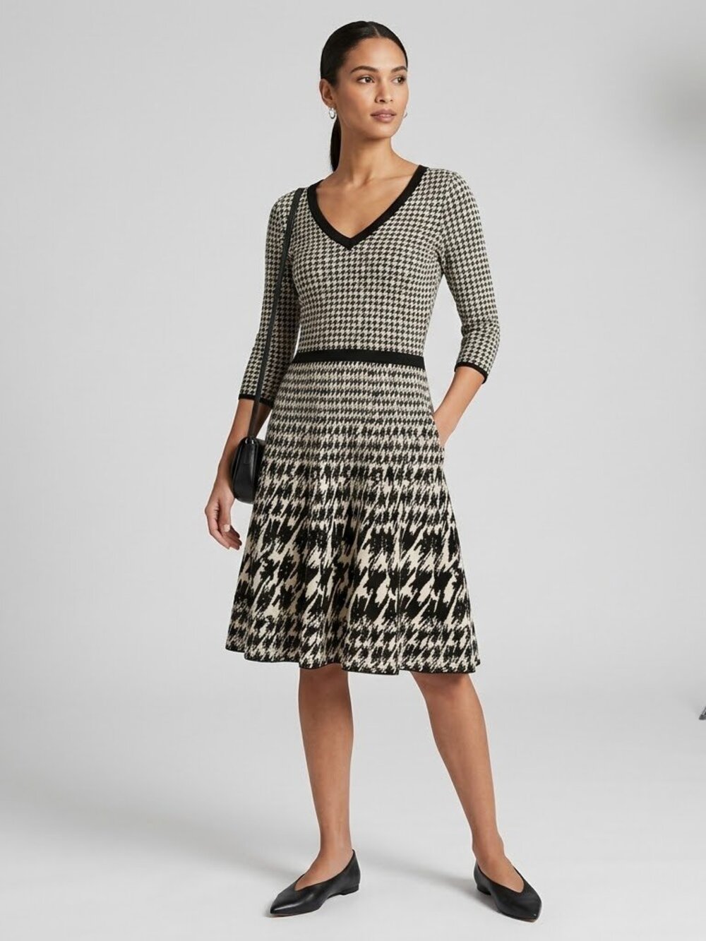 TAYLOR Black & White Knit Houndstooth Fit & Flare Sweater Dress 3/4 Sleeve S